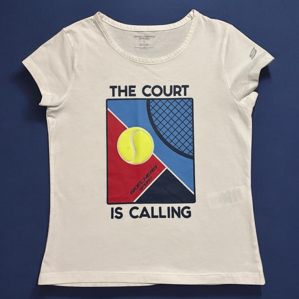 Skechers White Tee with Red, Blue & Yellow Tennis Graphic Youth Large